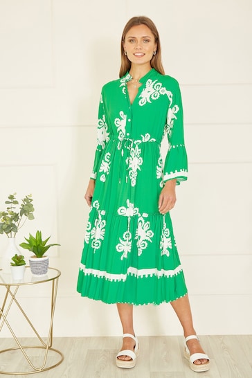 Yumi Green Viscose Midi Dress With Long Sleeves