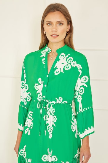 Yumi Green Viscose Midi Dress With Long Sleeves