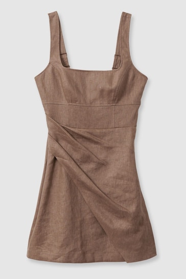 Reiss Brown Piper Linen Pleat Detail Mini Dress