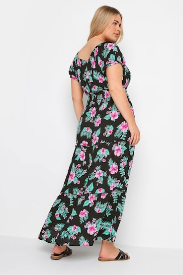 Yours Curve Black Black Floral Tropical Print Bardot Maxi Dress