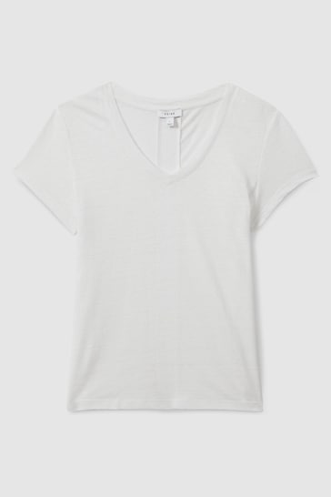 Reiss White Lottie Marled Linen V-Neck T-Shirt