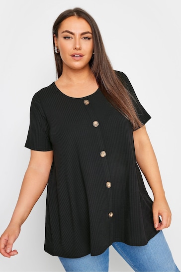 Yours Curve Black Button Front Ribbed Tunics