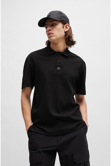 HUGO Interlock-Cotton Black Polo Shirt With Stacked Logo