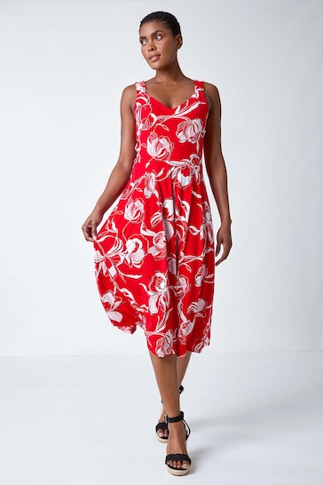 Roman Red Textured Floral Print Midi Stretch Dress