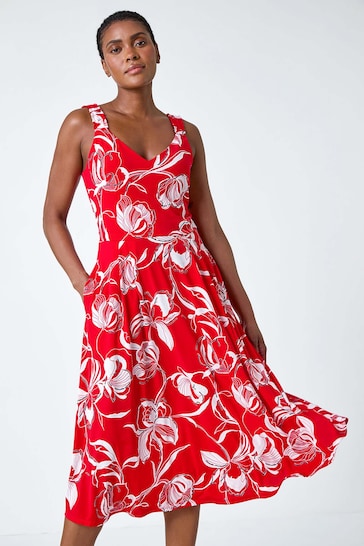 Roman Red Textured Floral Print Midi Stretch Dress