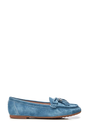 Moda in Pelle Blue Famina Square Toe Bow Tassel Trim Lined Loafers
