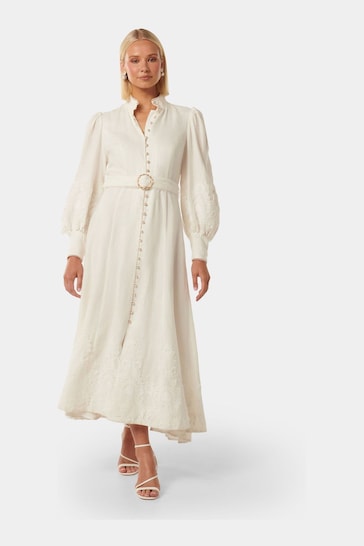 Forever New White Pure Linen Allegra Lace Detail Midi Dress