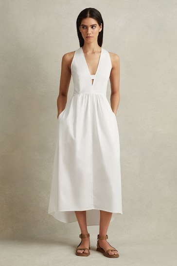 Reiss White Yana Petite Cotton Blend High-Low Midi Dress