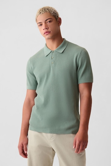 Gap Green Cotton Textured Short Sleeve Polo Shirt