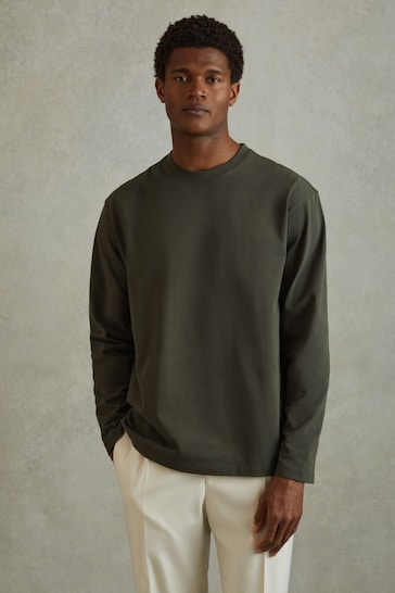 Reiss Khaki Cube Cotton Crew Neck Long Sleeve T-Shirt