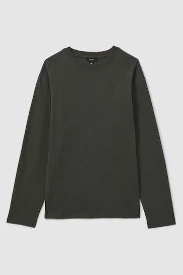 Reiss Khaki Cube Cotton Crew Neck Long Sleeve T-Shirt