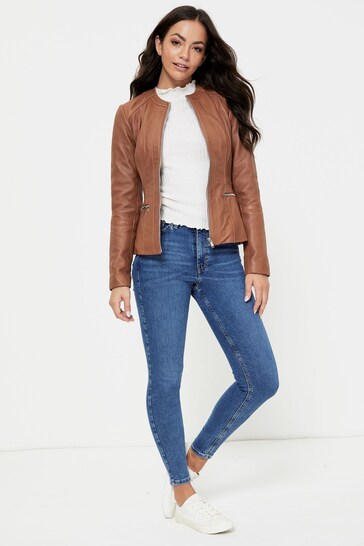 Urban Code Brown Petite Petite Collarless Leather Jacket