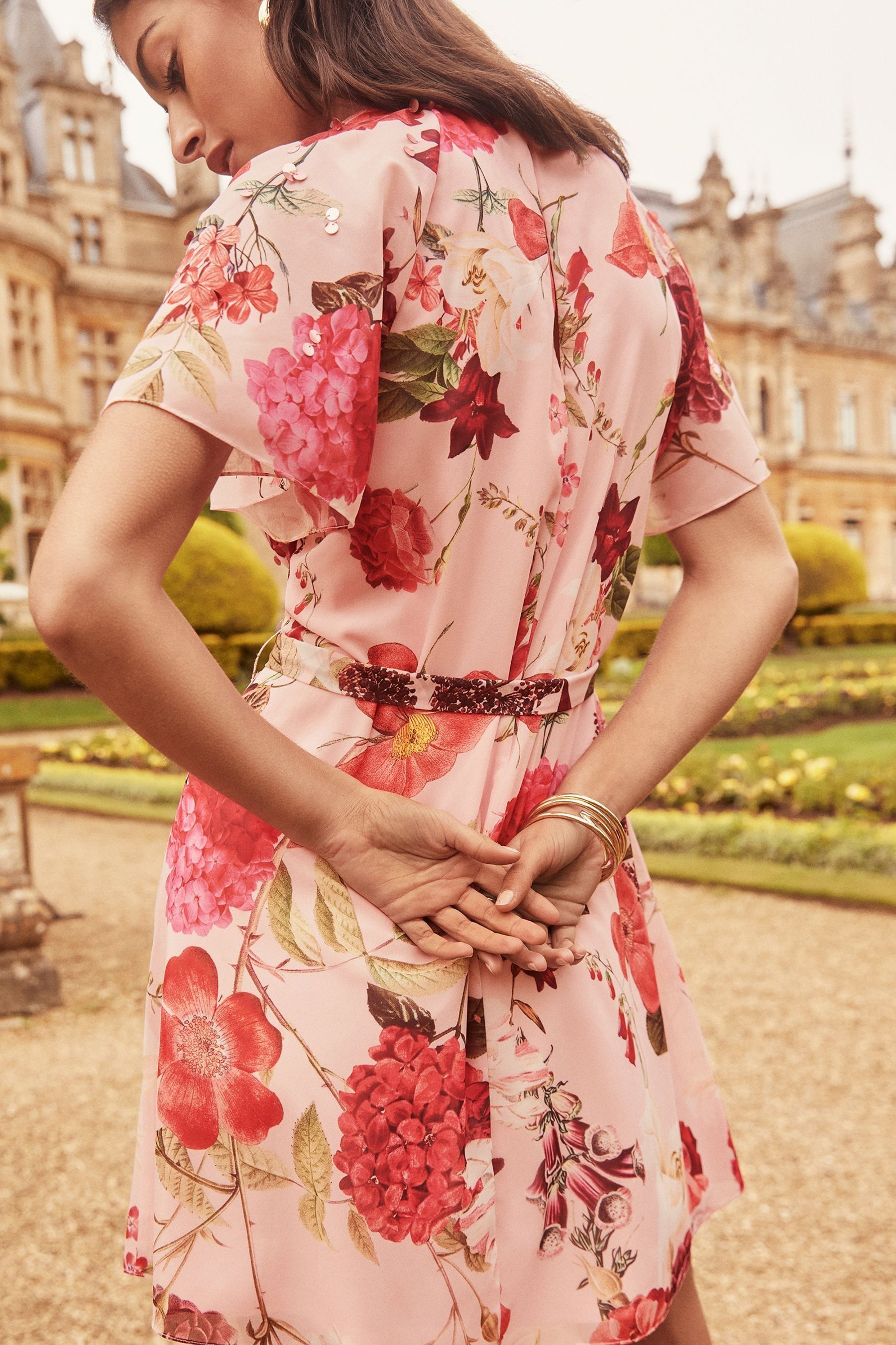 Lipsy Floral Print Flutter Sleeve Hand Embellished Mini Shift Dress
