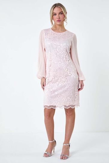 Roman Pink Pleated Sleeve Lace Shift Dress