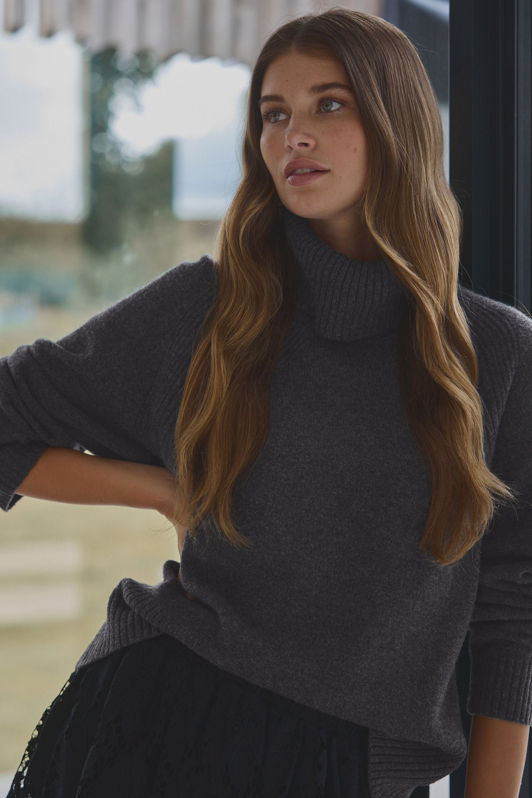 Buy Grey Charcoal 100 Wool Premium High Roll Neck Knitted Jumper from the Next UK online shop