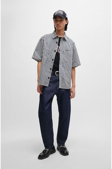HUGO Oversized Fit Blue Shirt in Striped Cotton Chambray