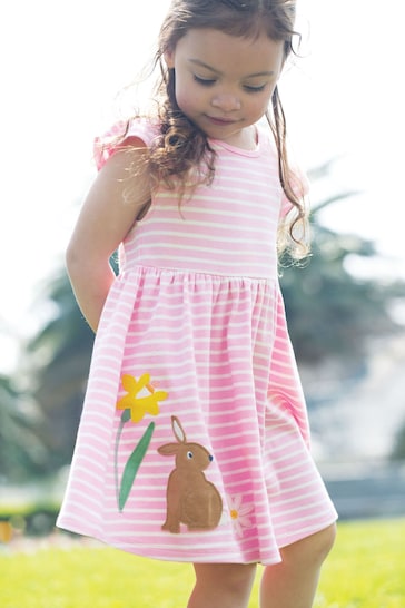 Frugi Pink Striped Easter Bunny Applique Dress