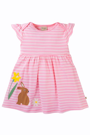 Frugi Pink Striped Easter Bunny Applique Girls Dress
