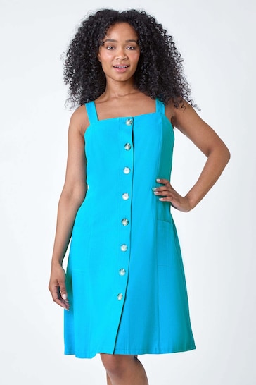 Roman Blue Petite Button Front Pocket Dress
