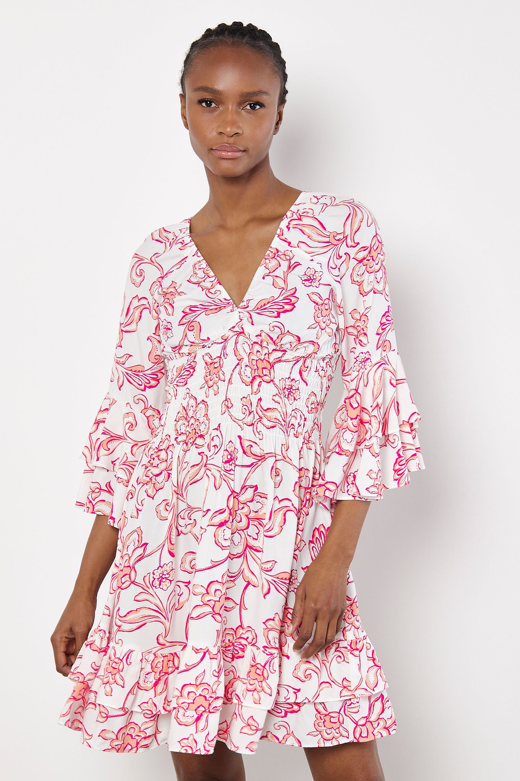 Buy Apricot Pink Sarasa Floral Smocked Ruffle Mini Dress from the Next UK online shop