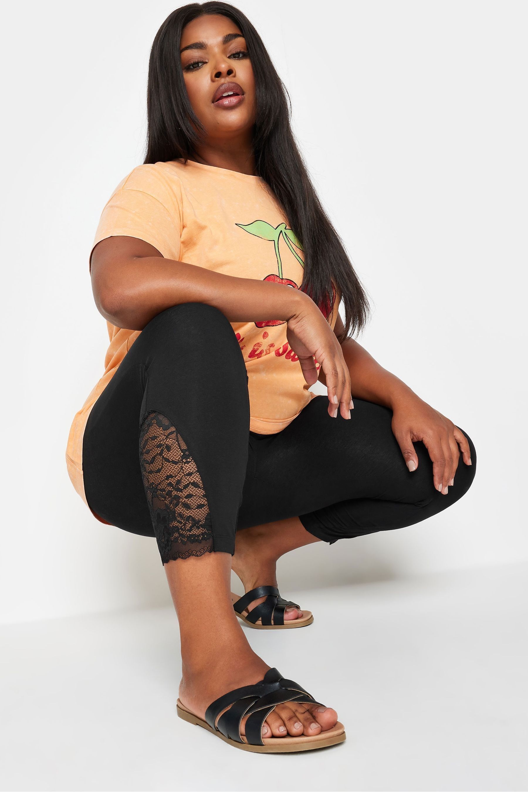 Buy Yours Curve Black Lace Insert Cropped Leggings from the Next UK online shop