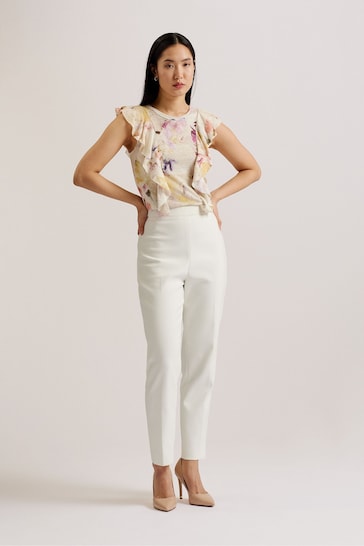 Ted Baker Off White Frill Trim Floral Cotton Linen Off Top