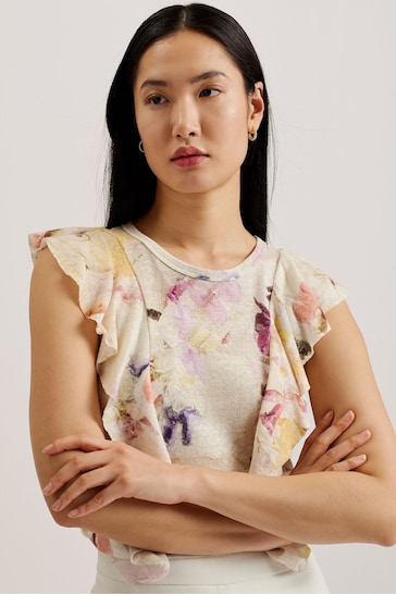 Ted Baker Off White Frill Trim Floral Cotton Linen Off Top