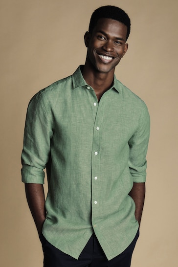 Charles Tyrwhitt Mid Green Slim Fit Plain Short Sleeve Pure Linen Full Sleeves Shirt