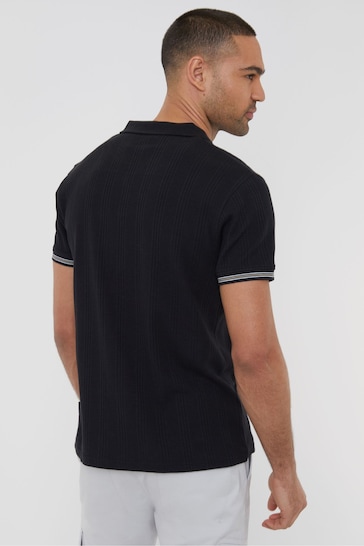 Threadbare Black Stripe 100% Cotton Open Collar Pique Polo Shirt