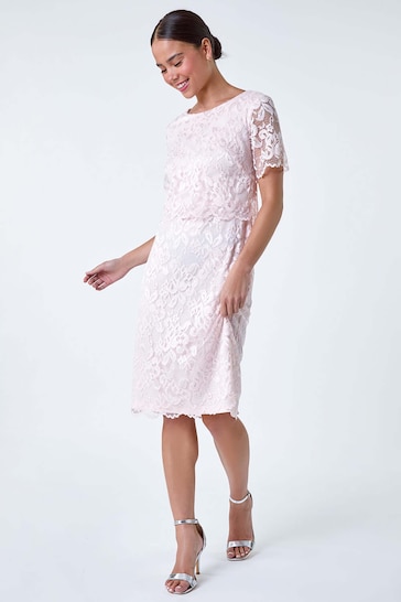 Roman Pink Lace Overlay Stretch Dress