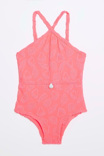 River Island Pink Girls Towelling Halter Swimsuit