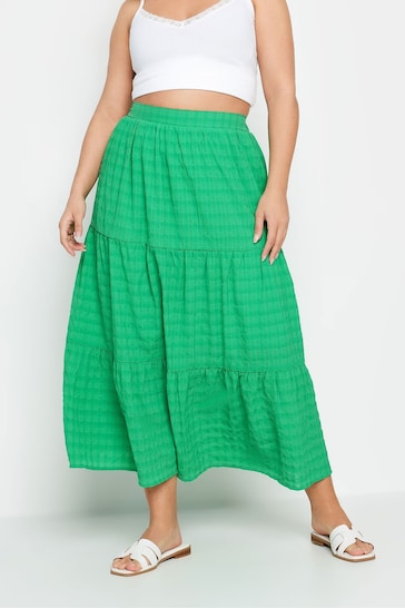Yours Curve Green Tiered Check Midi Skirt
