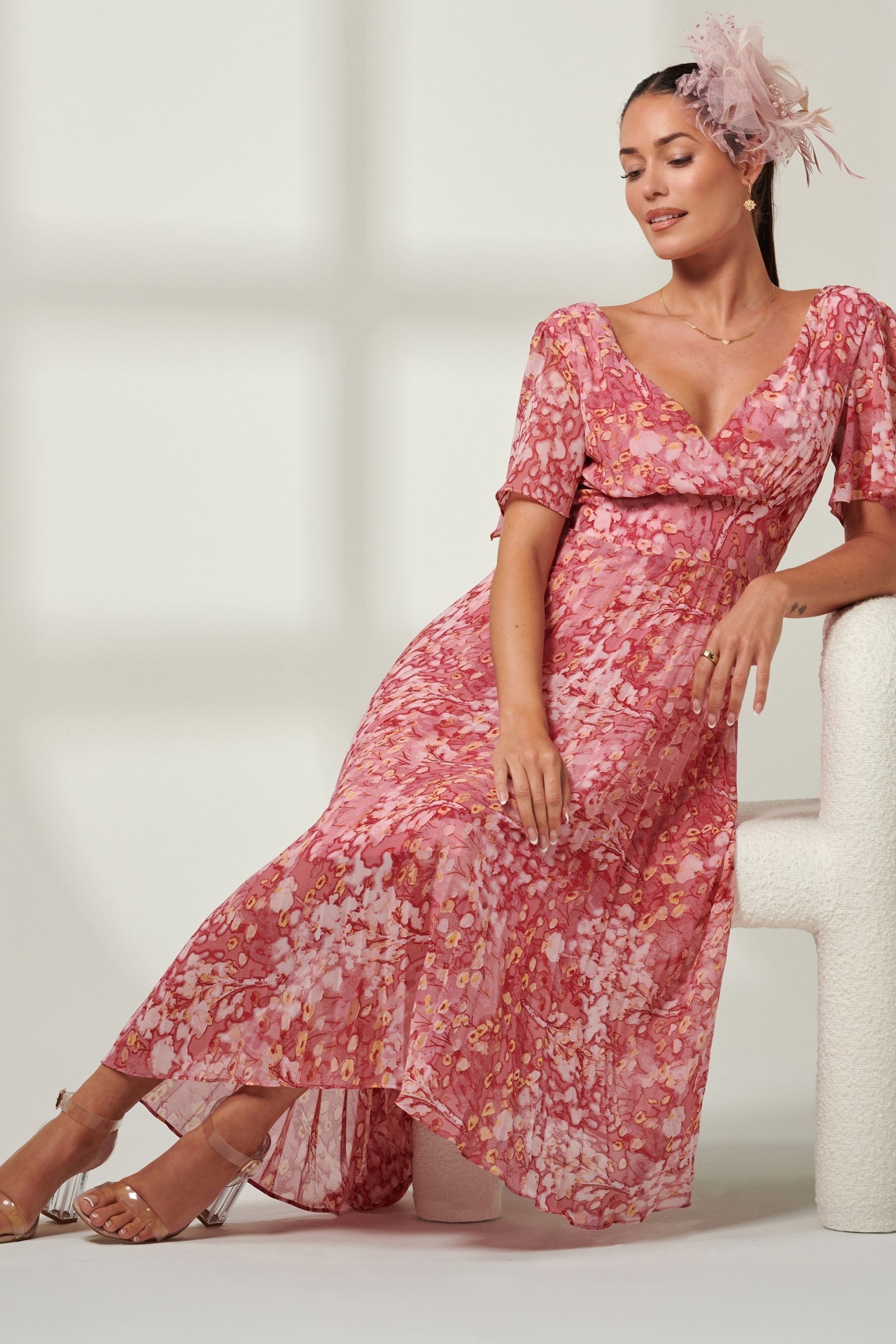 Jolie Moi Pink Floral Olenna Angel Sleeve Pleated Chiffon Maxi Dress