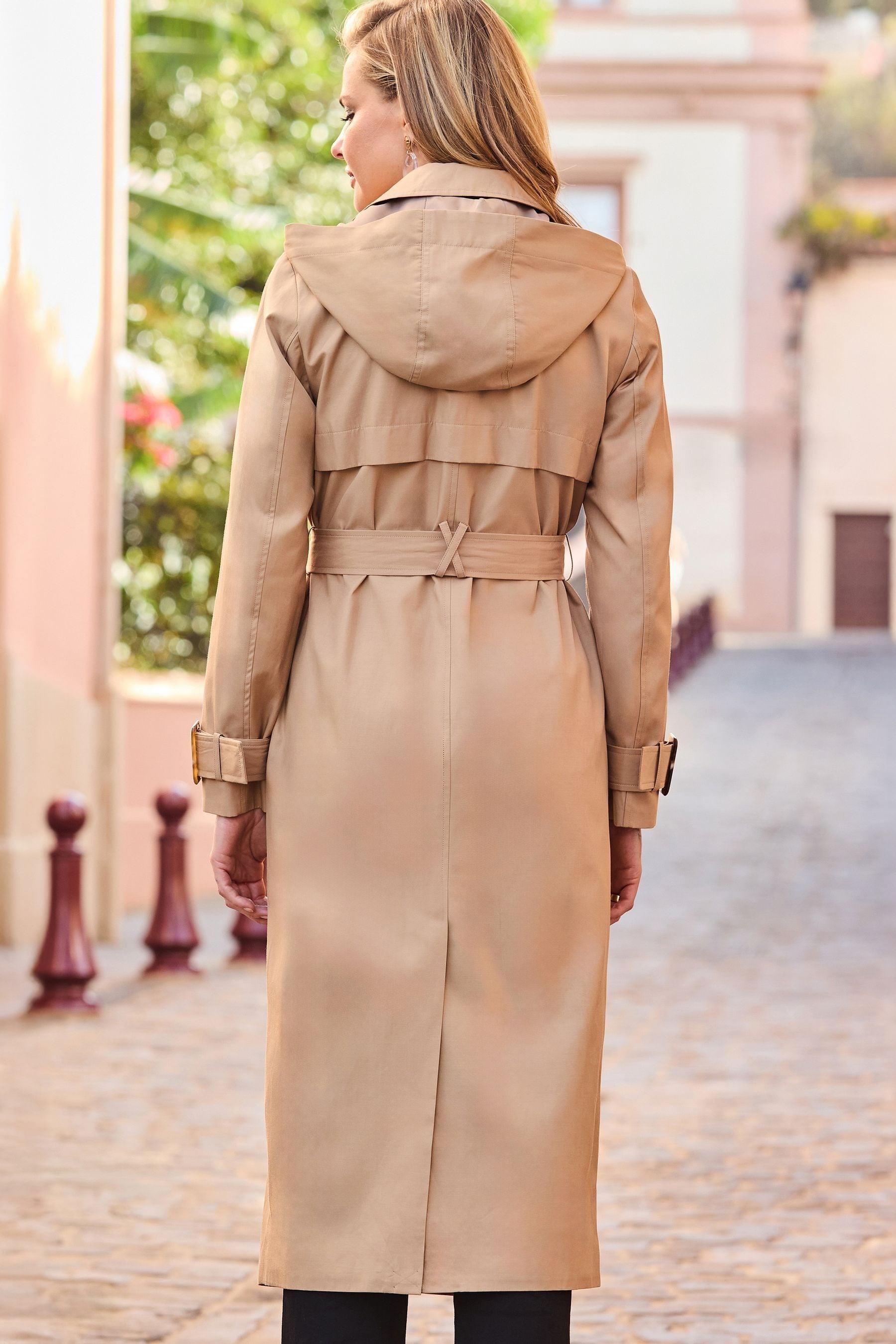 Sosandar Natural Belted Longline Trench Coat With Hood
