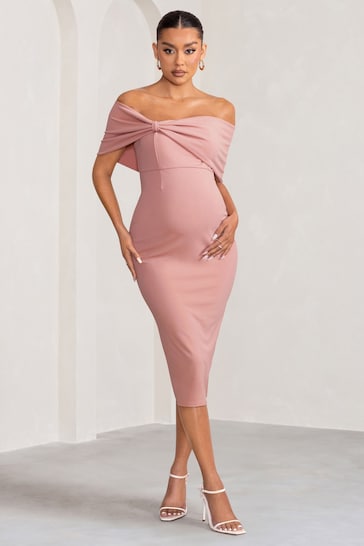 Club L London Pink Maternity Alyssa Bardot Bow Midi Dress with Ruching