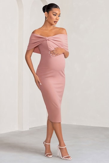 Club L London Pink Maternity Alyssa Bardot Bow Midi Dress with Ruching