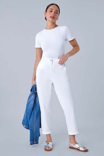 Roman White Cotton Blend Stretch Chino Trousers