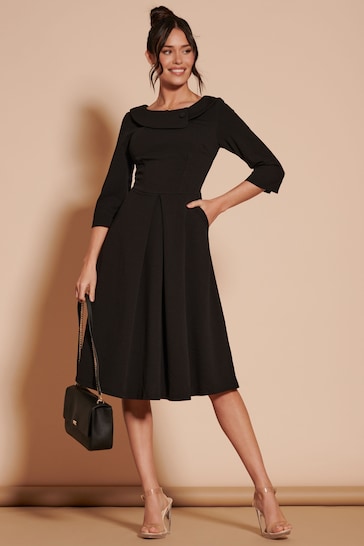 Jolie Moi Black 3/4 Sleeve Fold Neck Midi Dress