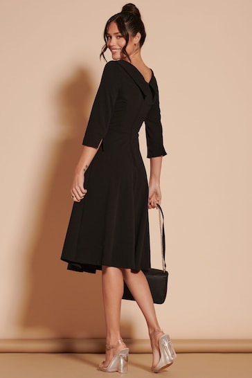Jolie Moi Black 3/4 Sleeve Fold Neck Midi Dress