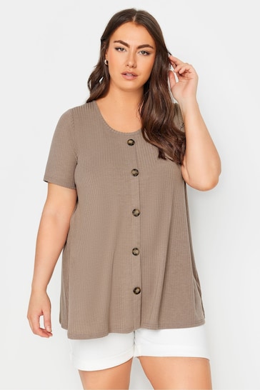 Yours Curve Brown Button Front Ribbed Tunics