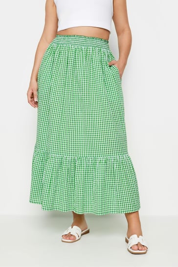 Yours Curve Green Gingham Tiered Pure Cotton Midi Skirt