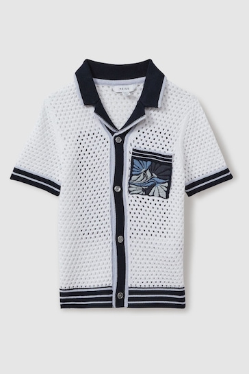 Reiss White/Blue Lucile Senior Open-Stitch Embroidered Cuban Collar Shirt