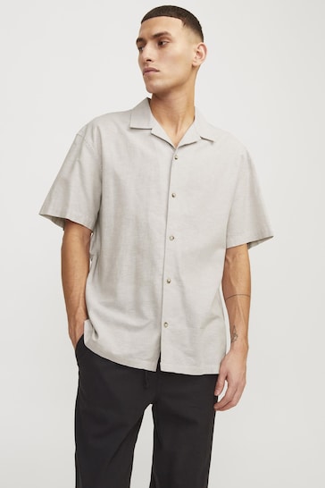 JACK & JONES Cream Linen Blend Resort Collar Short Sleeve Shirt