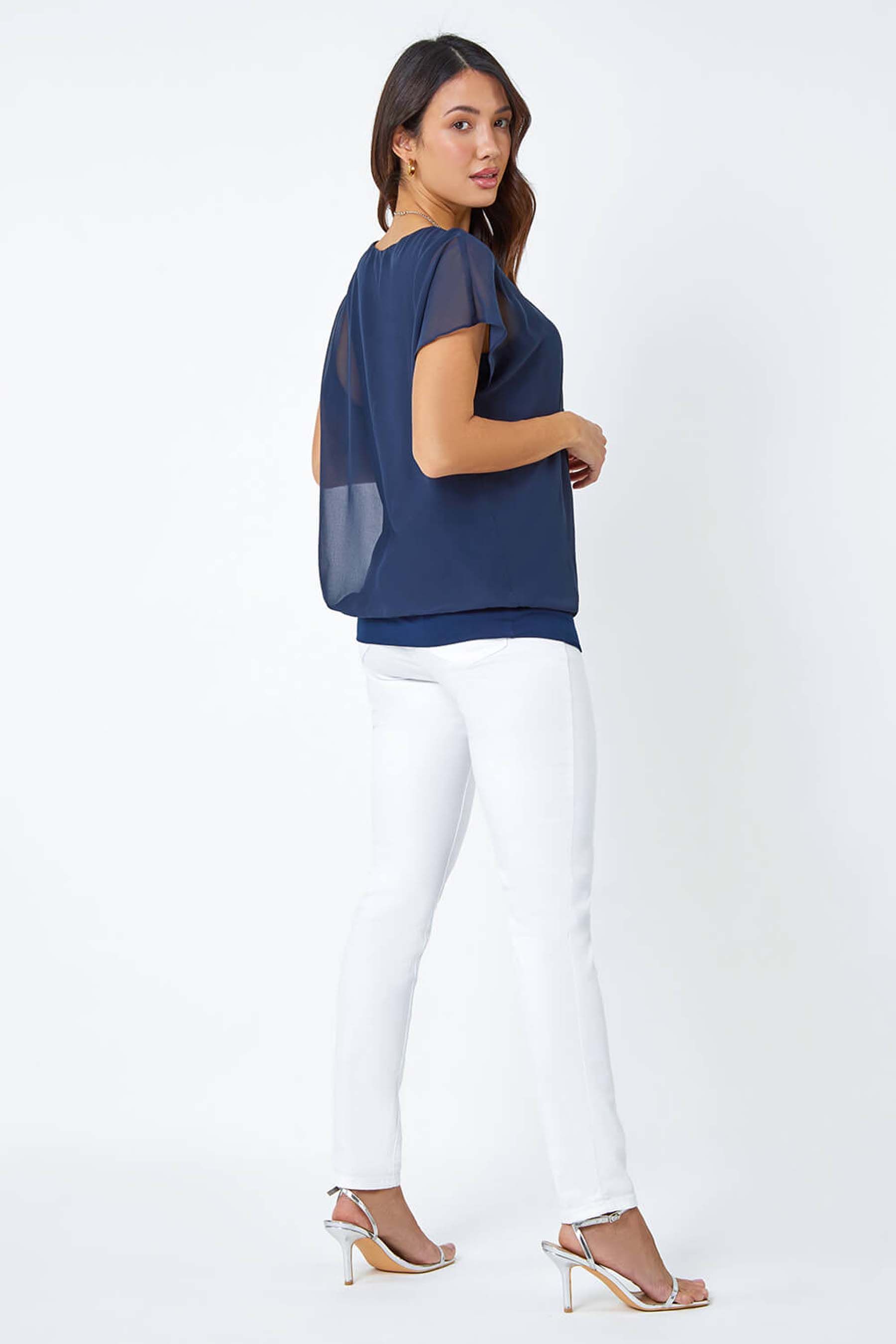 Buy Roman Navy Blue Chiffon Jersey Blouson Top with Necklace from the Next UK online shop