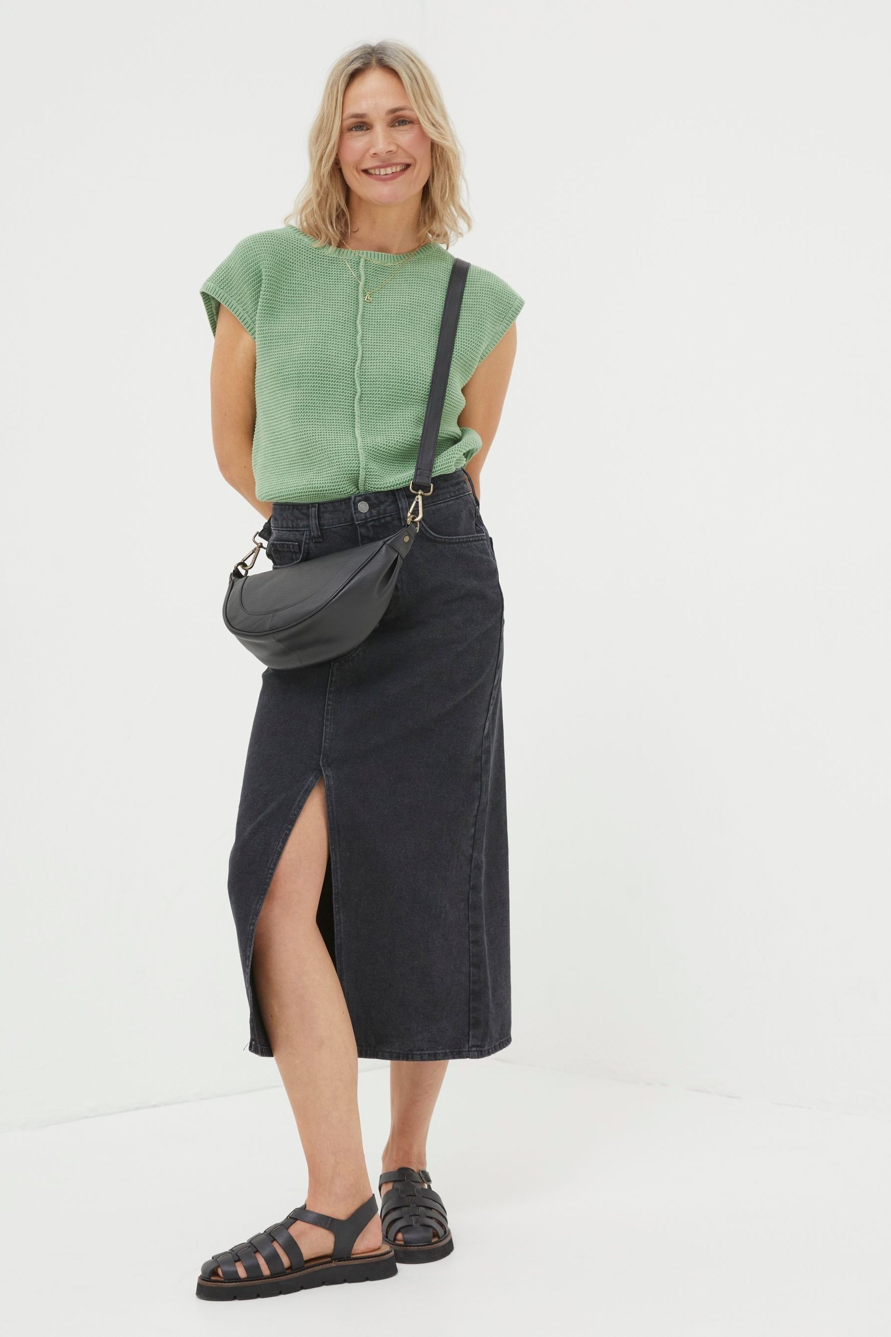FatFace Ava Black Denim Midi Skirt