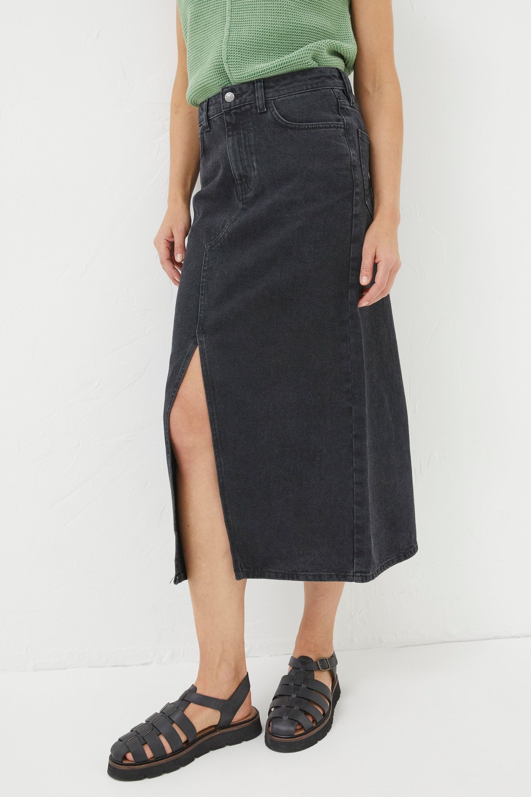 FatFace Ava Black Denim Midi Skirt
