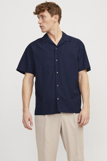 JACK & JONES Blue Linen Blend Resort Collar Short Sleeve Shirt