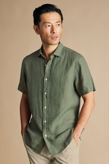 Charles Tyrwhitt Green Classic Fit Plain Short Sleeve Pure Linen Shirt