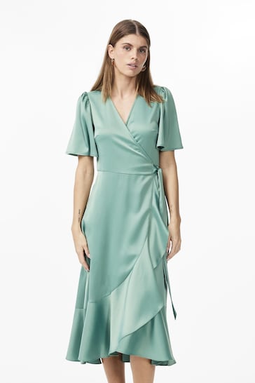 Y.A.S Green Satin Wrap Ruffle Dress