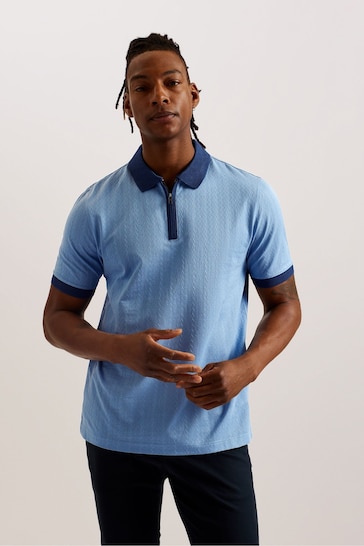 Ted Baker Blue Arnival Short Sleeve Regular Textured Zip Polo Shirt